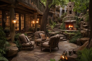 Fototapeta premium Rustic Lounge Oasis: Cascading Waterfalls, Stone Pathways, and Fire Pit Charm