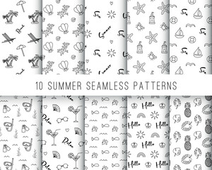Summer vacation icons seamless pattern set. Collection of 10 patterns. Doodle black outline various icons repeat on white background. Vector illustration.