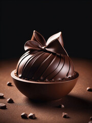 Esfera de chocolate adornada con lazo comestible y detalles de chocolate en fondo oscuro.