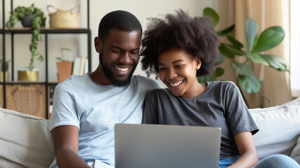 Loving happy beautiful african american couple in stylish casual outfit sitting on couch at home, embracing, using laptop, watching movie online