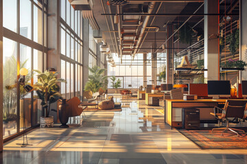 Naklejka premium modern office interior. free open work space with large panoramic windows. work room in modern design.office foyer