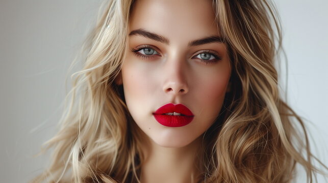 Beautiful  blonde model  girl  with long curly  hair. Red  lips. Fashion, beauty and make up portrait