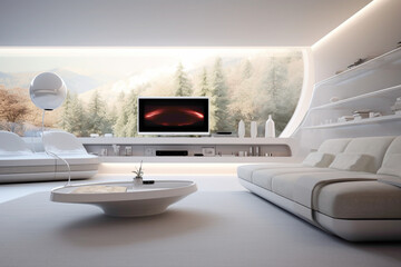 Nordic simplicity meets high-tech in a futuristic living room with clean lines and innovative design.