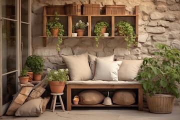 Creative Storage Solutions: Rustic Porch with Wooden Benches for Gardening Tools and Cushions
