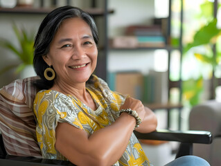 Portrait of a beautiful mature experienced senior filipino business woman taking a break in her chair in her living room