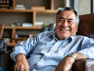 Obraz premium Portrait of a mature experienced senior hispanic business man taking a break in her chair in his home office