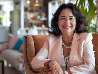 Portrait of a beautiful mature experienced senior hispanic business woman taking a break in her chair in her living room