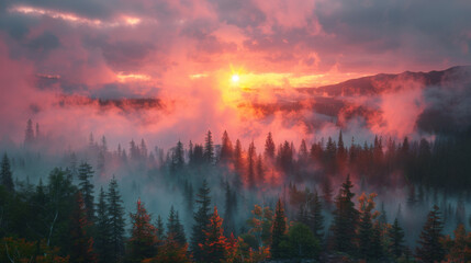 Sunrise landscape with misty forest, distant mountains and sunrise sky.