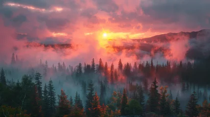 Fotobehang Sunrise landscape with misty forest, distant mountains and sunrise sky. © Matthew