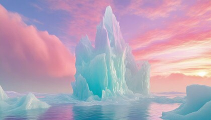 Glacier 3d art in the middle of the ocean with a pink sunset background, surrealistic wallpaper with copyspace