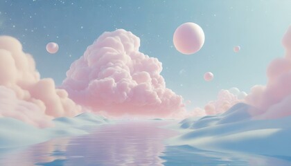 Surrealistic aesthetic pink clouds with planets in the middle of the ocean, fantasy artwork 
