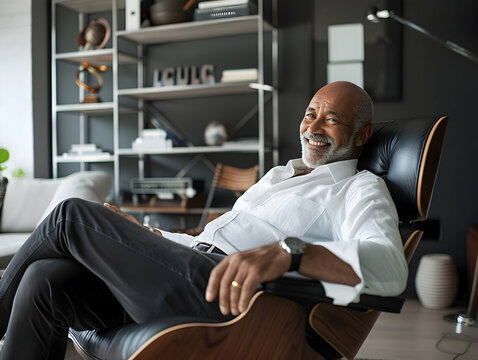 Portrait of a mature experienced senior mixed race business man taking a break in her chair in his home office