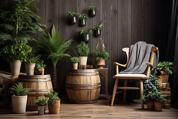 Fototapeta premium Rustic Scandinavian Room: Tropical Plant Decor and Leafy Greens by Wood Stump Table