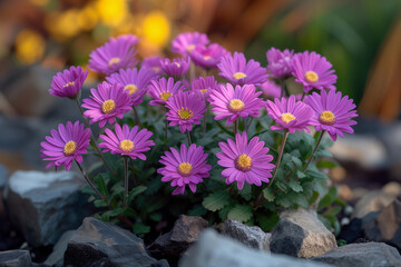 Flowering Asters in spring a garden