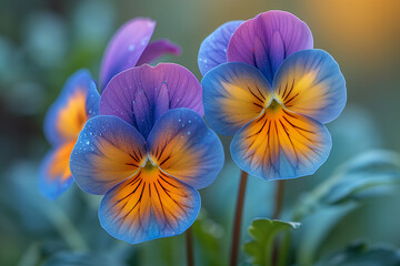 Flowering Violaes in summer garden , macro photography, photorealism.