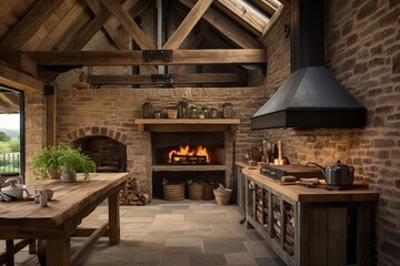Rustic Stone Oven Designs: Barn Conversion with Open-Air Setting and Wooden Beams