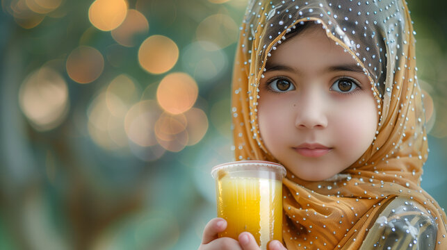 Pakistani girl holding mango juice for iftar