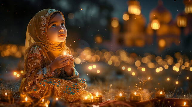 A cute little muslim girl with a scarf playing in her home with the artificial lights