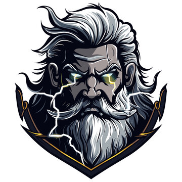 Male god Zeus esport vector logotype, logo Zeus, icon Zeus, sticker Zeus, symbol Zeus, emblem Zeus, thunder