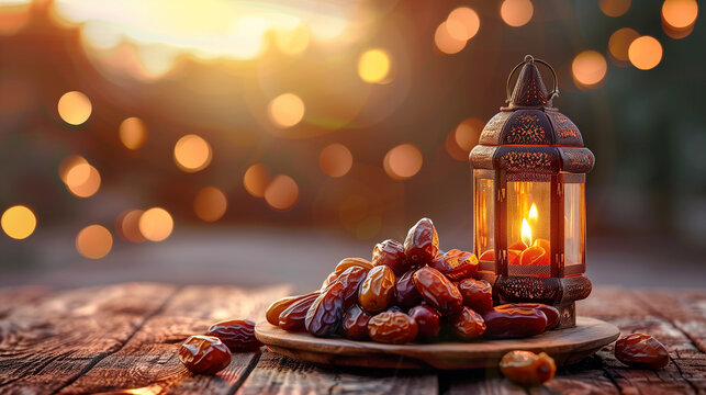 lighting on in the lantern with the date fruit plate on the raw wooden table