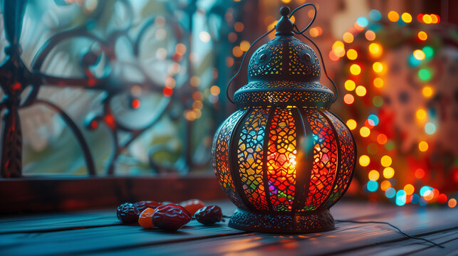 Arabic lantern with some date fruits around the lantern on the wooden table opposite to window