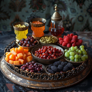 Mixed fruit plate served in Arabic style with two flavors of juice glass. Enjoying iftar together
