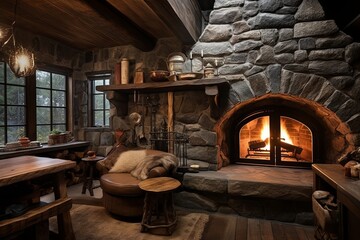 Rustic Stone Oven Retreat: Leather Seating, Faux Fur Rug in Cozy Cabin Ambiance