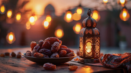 Date fruits in an arabic design plate with a lantern on a wooden table with the mosque blurry background
