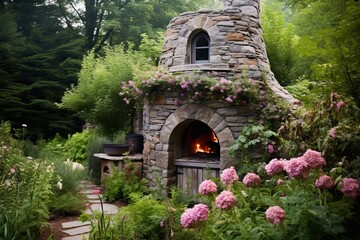Obraz premium Stone Oven Nestled among Flowering Plants: Rustic Cottage Core Designs