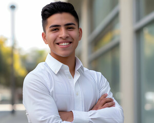 Positive beautiful young hispanic business man posing in front of office with hands folded, looking at camera with toothy smile. Happy male entrepreneur, professional, worker head shot portrait