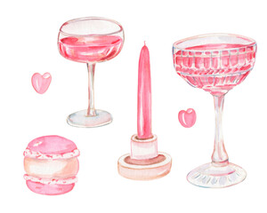 Watercolor pink beverages. Cocktails, candle, macaron. Design for packaging, greeting, girls, women, cards.