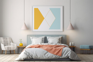 Playful and modern bedroom decor featuring a bright, empty frame against a wall adorned with geometric patterns.