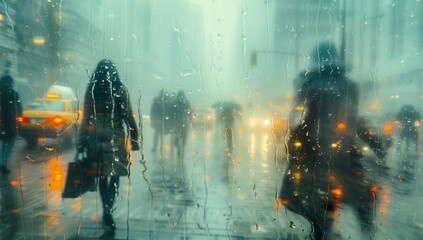A group of people stroll down a city street in the rain, passing by towering buildings in downtown. The atmospheric phenomenon adds a touch of darkness to the event - obrazy, fototapety, plakaty