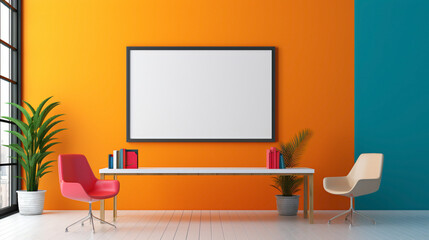 A colorful office interior featuring a blank white empty frame, displaying a minimalist black and white photograph.