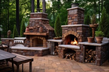 Rustic Stone Oven Outdoor Entertainment: Integrated Grill & Log Storage Design