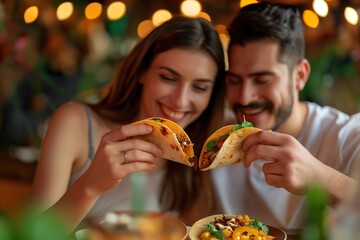 A couple happily enjoys a delicious taco together in a vibrant Mexican restaurant. - obrazy, fototapety, plakaty