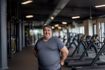 Fototapeta na wymiar A happy middle-aged man stands proudly in front of a row of treadmills at the gym, confidently looking at the camera.