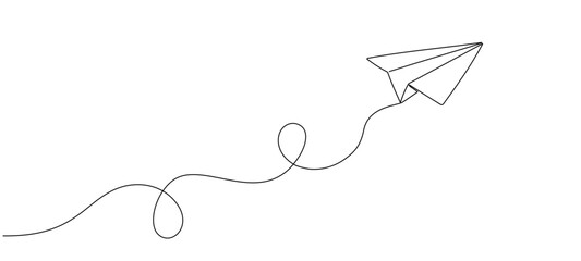 Paper airplane flight with one continuous editable line. Concept of email, travel,business trip. Vector abstract illustration.