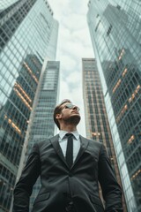 a rich latam young man in a suit , view from below, business 