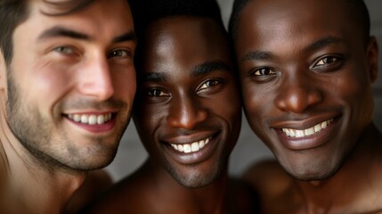 A group of three men standing side by side, smiling for an anti-aging skincare advertisement.