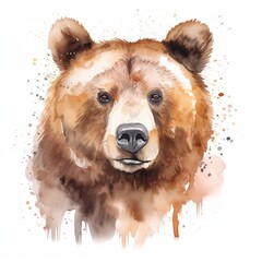 Watercolor brown bear portrait. Forest animal head.