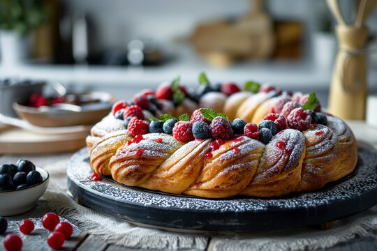 Sweet kringle bundt cake topped with fresh berries and a dusting of powdered sugar.