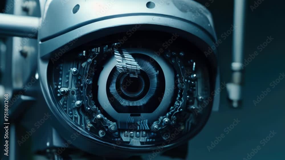 Poster Close up of a camera with a circuit background. Suitable for technology concepts.