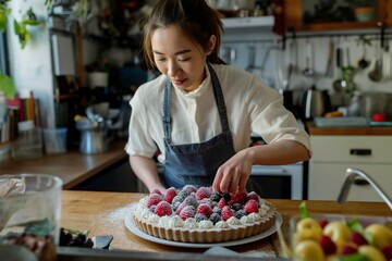 Young female focusing on garnishing a homemade vegan tart with colorful icing and sprinkles.