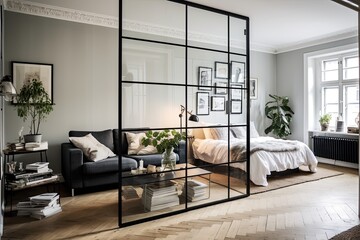 Vintage Glass Panel Room Separators in a Scandi Studio Apartment