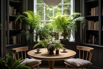 Scandinavian Fern and Orchid Oasis: Round Wooden Table Vignette.