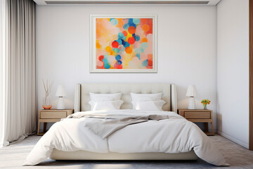 Simplicity meets vibrancy in a bedroom, a white empty frame enhancing the beauty of a wall dressed in soft, lively hues.