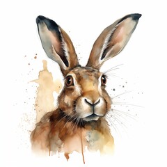 Watercolor wild hare or rabbit animal portrait. Forest animal head.