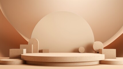 Geometric stand for products, platforms of different shapes. A podium for displaying products on a beige background.