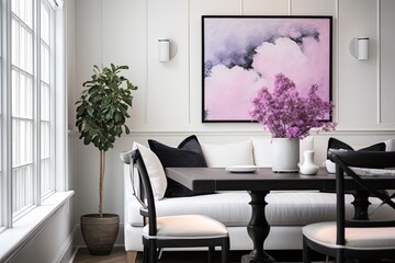 Scandinavian Dining: Lavender and Rose Planters with White Sofa in Classic Black and White Decor